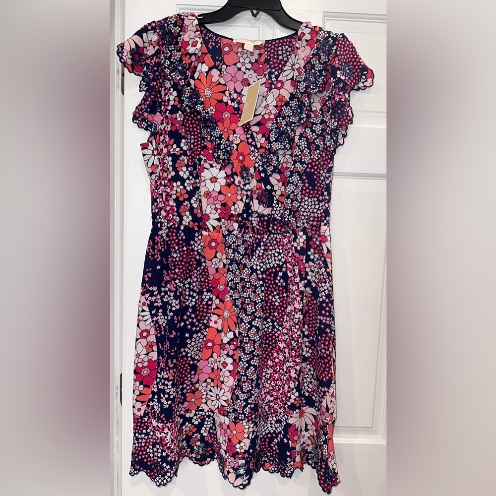 NWT Michael Kors Pink and Blue Floral Dress, Size Large Faux Wrap